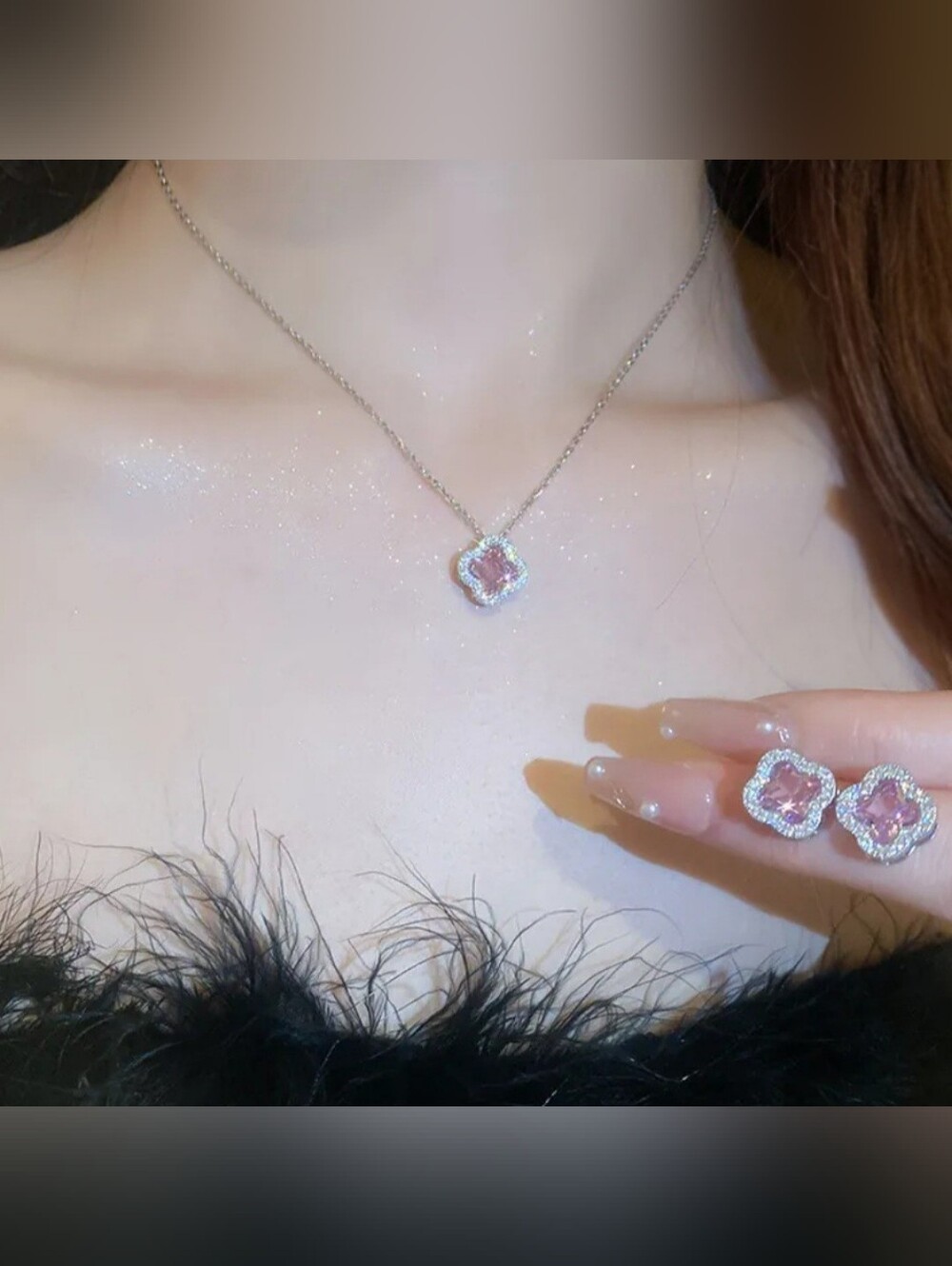 Elegant Pink Halo Pendant Necklace and Ring Set